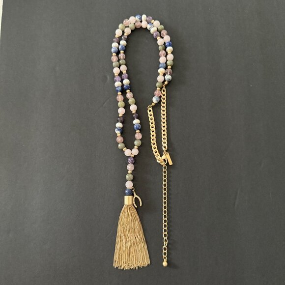 White House Black Market Semi Precious Beaded Tassel Necklace Gold Wishbone Luck - Picture 4 of 15